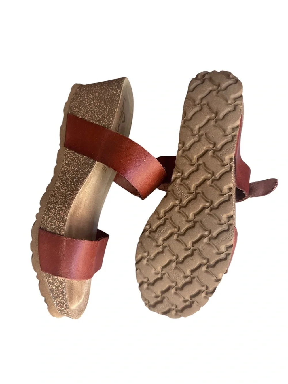 Yokono Rust Red Leather Cork Wedge Sandals Double Straps Size 9